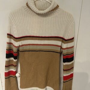 Elegant Striped Turtleneck Sweater - Cream, Tan, Red